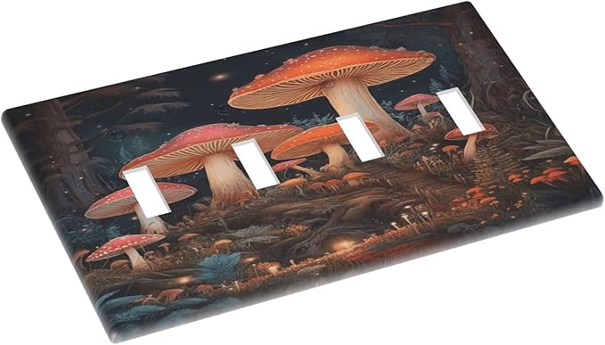 Decorative Art Light Switch Covers Enchanted Mushroom Forest Quad Toggle 4 Gang Wall Plate Switch plate Electrical Faceplate for Home Decor