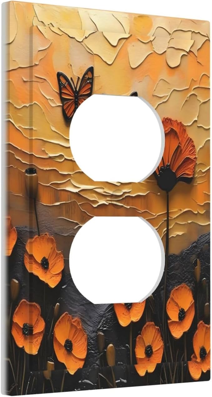Oil Painting Flower Sunset Butterfly Vintage Rustic Floral Outlet Covers 1 Gang Duplex Light Switch Cover Decorative Switch Plates Electrical Receptacle Faceplate Wall Plate for Bedroom Living Room