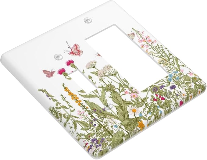 Colorful Butterfly Floral Plants Flower Vine Outlet Covers 1 Toggle 1 Rocker Combination Decorative Wall Plate Electrical Switch Plates Light Switch Cover Plate for Bed Room Living Room Decor