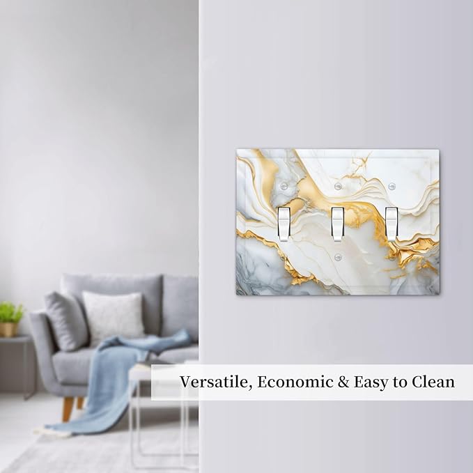 Exquisite White Gold Marble Abstract Luxurious Print Decorative Switch Plates 3 Gang Wall Plate Triple Toggle Light Switch Cover Faceplate Electrical Wall Panels for Bathroom Kitchen Decor
