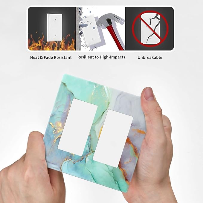 Teal Green Marble 2 Gang Double Rocker/Decor Light Switch Cover Decorative Outlet Wall Plate Electrical Faceplate Home Bedroom Art Panel Decor Screwless 4.7" x 4.6