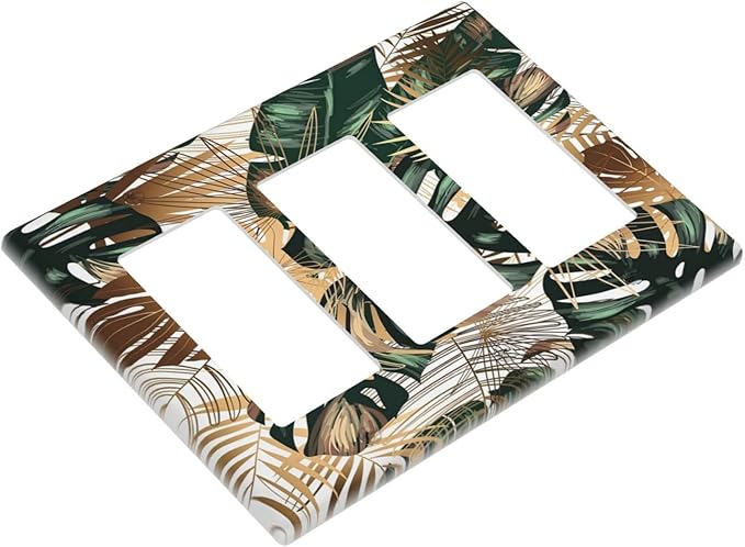 Green Tropical Leaves Gold Palm Leaf Botanical 3 Gang Rocker Light Switch Covers Decorative Unique Triple Outlet Wall Plate Cover Faceplate Decorative Switchplate GFCI for Kitchen Bedroom Bathroom