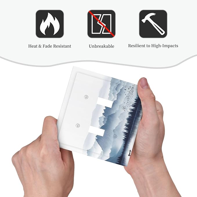 Decorative Switch Plates Mountain Foggy Lake Boat Grey Blue Forest Birds 2 Gang Double Toggle Wall Plate Outlet Light Switch Cover Electrical Faceplate for Bedroom living Room Decor
