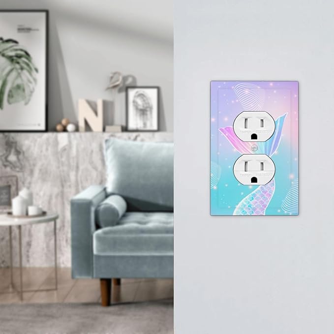Mermaid 1 Gang Electrical Duplex Outlet Covers Light Switch Cover Receptacle Rainbow Tail Scales Jelly Fish Wall Plate Decorative Faceplate for Nursery Girls Boys Room Kids Room Decor