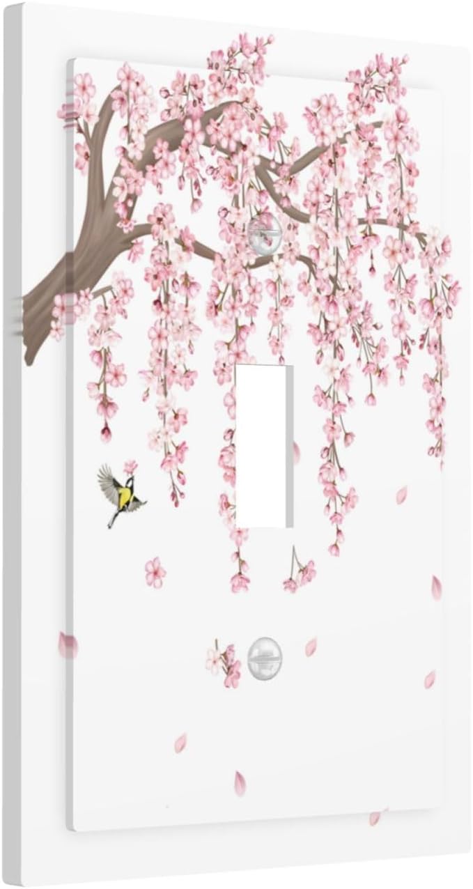 Pink Flower Tree Branch Cherry Blossom Tree Floral Birds Decorative Light Switch Cover 1 Gang Single Toggle Device Electrical Faceplate Switchplates Decorator Outlet Wall Plate for Bedroom Living Room