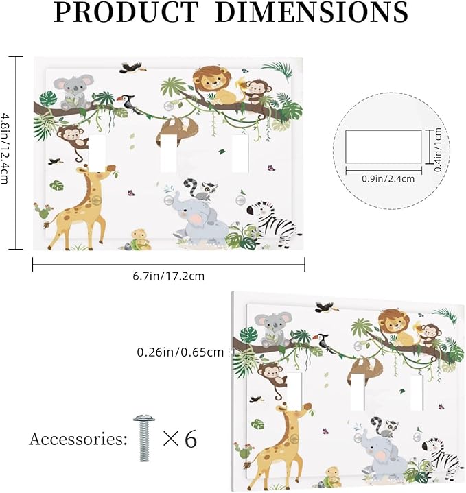 Jungle Animals Tree Branch Monkey Giraffe Lion Elephant Decorative Switch Plates 3 Gang Wall Plate Triple Toggle Light Switch Cover Faceplate Electrical Wall Panels for Kids Room Nursery Decor