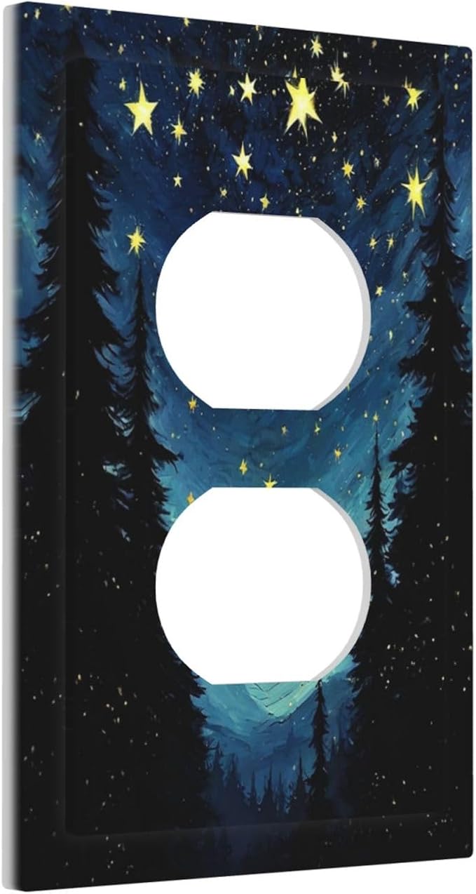 Outlet Covers Blue Starry Sky Forest Painted Star Pine Tree Oil Painting 1 Gang Duplex Electrical Receptacle Faceplate Light Switch Cover Wall Plate Decorative Switch Plates for Bedroom