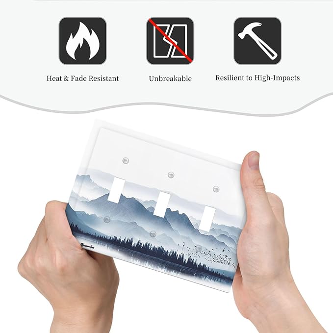 Decorative Switch Plates Mountain Foggy Lake Boat Grey Blue Forest Birds 3 Gang Wall Plate Faceplate Triple Toggle Light Switch Cover Electrical Wall Panels for Bedroom living Room Decor