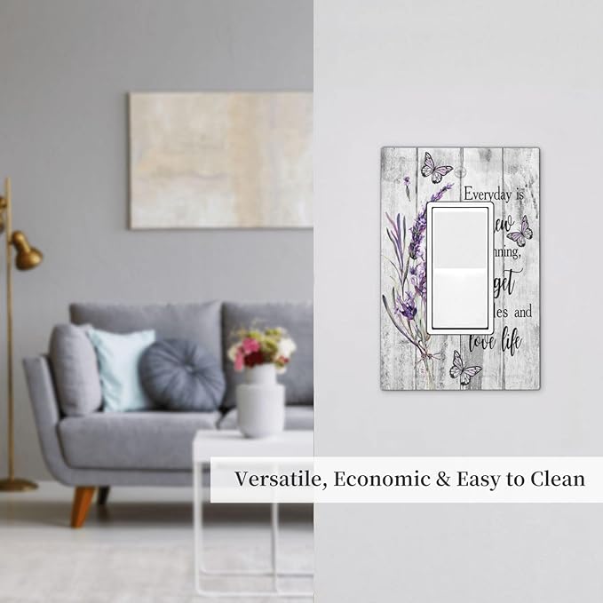 Outlet Covers Purple Lavender Flower Butterfly on Wood Plank 1 Gang Wall Plate Single Rocker Light Switch Cover Inspirational quotation Floral Decorative GFCI Receptacle Cover Electrical Switchplate