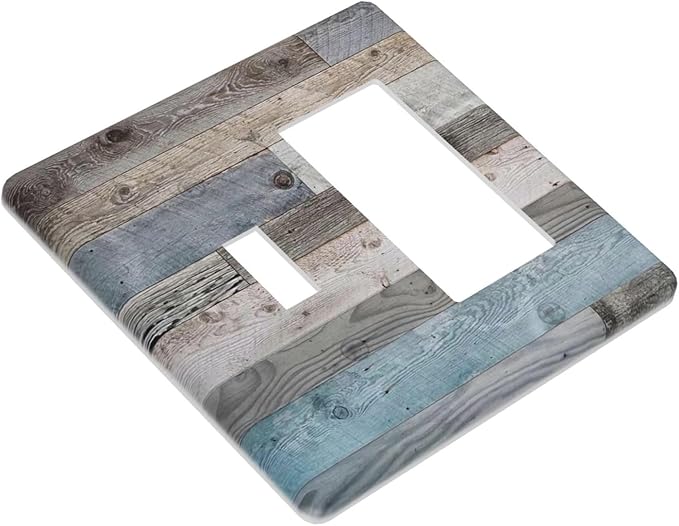 Rustic Vintage Kitchen 2-Gang 1-Toggle 1-Decorator/GFCI Device Combination Wallplate Western Blue Grey Wood Plank Country Barn Door Combo Toggle Receptacle Rocker Outlet Light Switch Cover Face Plate