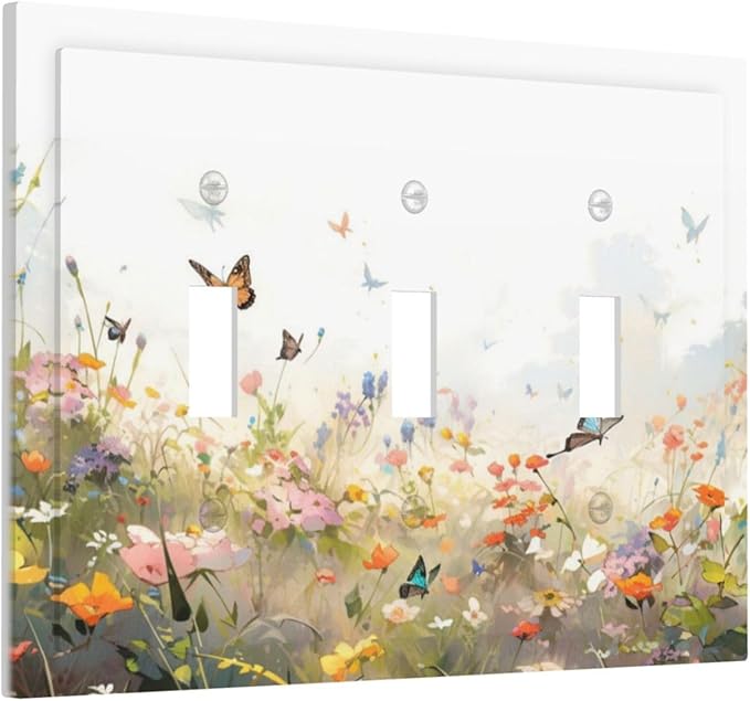 Wildflowers Watercolor Floral Colorful Butterfly Decorative Switch Plates 3 Gang Wall Plate Triple Toggle Light Switch Cover Faceplate Electrical Wall Panels for Farmhouse Bed Room Decor