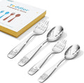 KINGSTONE Toddler & Kids Utensils Set (Construction Vehicle) - Large + Small 18/10 Stainless Steel Fork & Spoon, 4-Piece Digger & Dump Truck Food-Grade Kids Transition Silverware, Dishwasher Safe