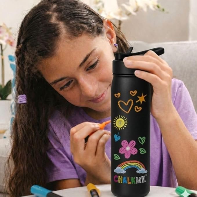 Kids Water Bottle 20oz Stainless Steel Vacuum Insulated with Washable Markers Included, Decorate Your Own Water Bottle, Dishwasher Safe, Easter Basket Stuffers for Boys & Girls