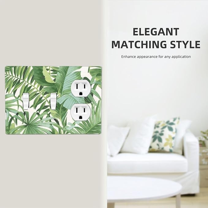 Tropical Palm Tree Leaves Jungle 3-Gang 2-Toggle 1-Duplex Device Combination Wall Plate, Green Botanical Plant Monstera Leaf Three Gang Combo Two Toggle/One Duplex Receptacle Outlet Light Switch Cover