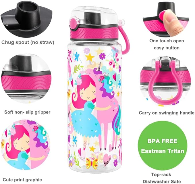Home Tune Cute Water Bottle for School Kids Girls, BPA FREE Tritan & Leak Proof & Easy Clean & Carry Handle, 23oz/ 680ml - Girl & Unicorn