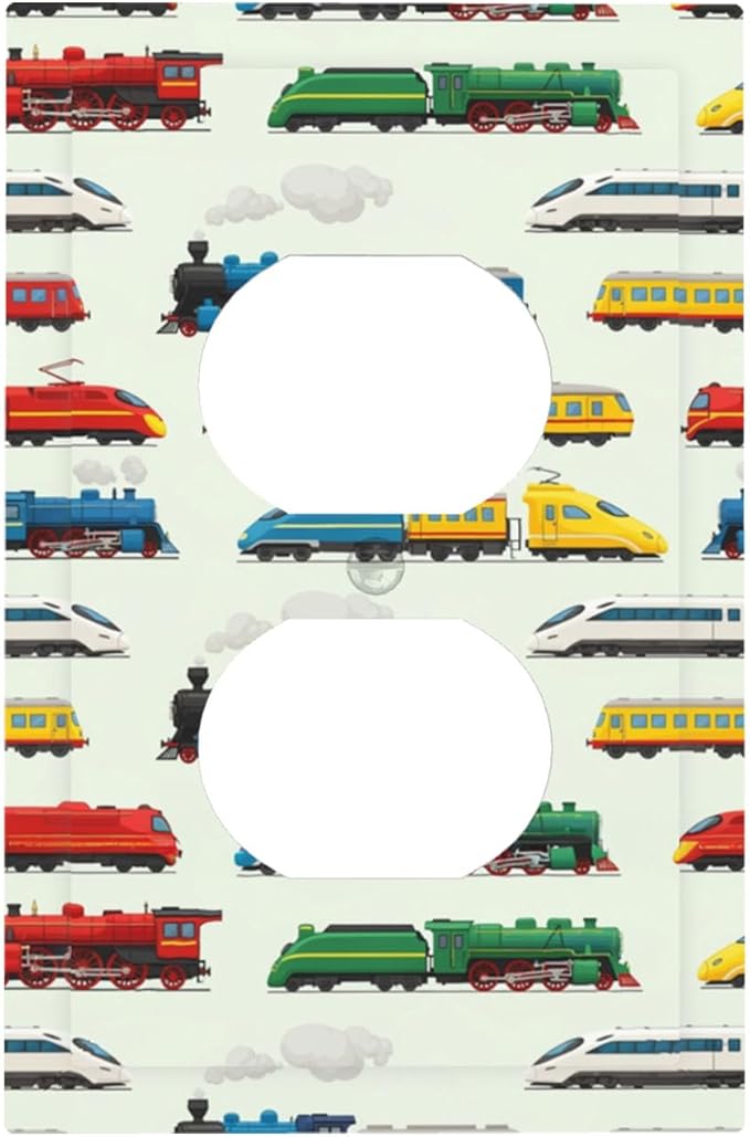 Vintage & Modern Trains Duplex Wall Plate - 1-Gang Standard US Size Colorful Locomotive Outlet Covers, Retro Steam & High-Speed for Boys Room
