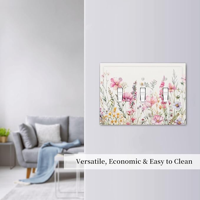 Pink Floral Wild Flowers Watercolor Plants Decorative Switch Plates 3 Gang Wall Plate Triple Toggle Light Switch Cover Faceplate Electrical Wall Panels for Bedroom Living Room Decor
