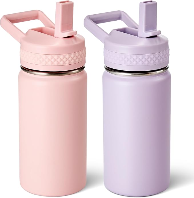 Fijinhom 12 oz Toddler Bottle, 2 Pack Kids Water Bottle for School Boys & Girls with Straws Lids, 304 Stainless Steel Vacuum Insulated Thermos, BPA-Free, Pink + Purple