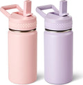 Fijinhom 12 oz Toddler Bottle, 2 Pack Kids Water Bottle for School Boys & Girls with Straws Lids, 304 Stainless Steel Vacuum Insulated Thermos, BPA-Free, Pink + Purple