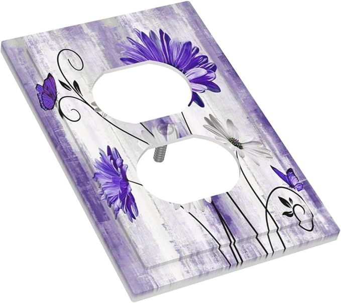 Purple Daisy Butterfly Boho White Floral 1 Gang Wall Plate Cover Receptacle Duplex Light Switch Cover Plate Single Dual Plug Covers Electrical Switchplate