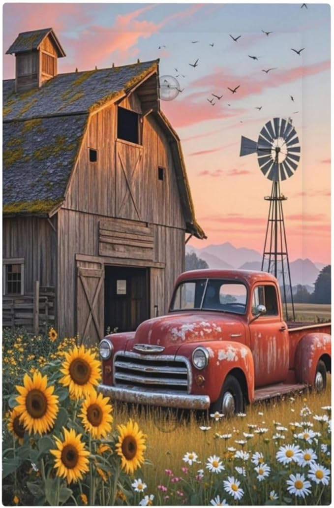 Rustic Barn Red Truck Windmill Sunflower Light Switch Cover Plate 1 Gang No Device Blank Electrical Wall Plates Faceplate Decorative Switch Plate Covers for Farmhouse Home Decor