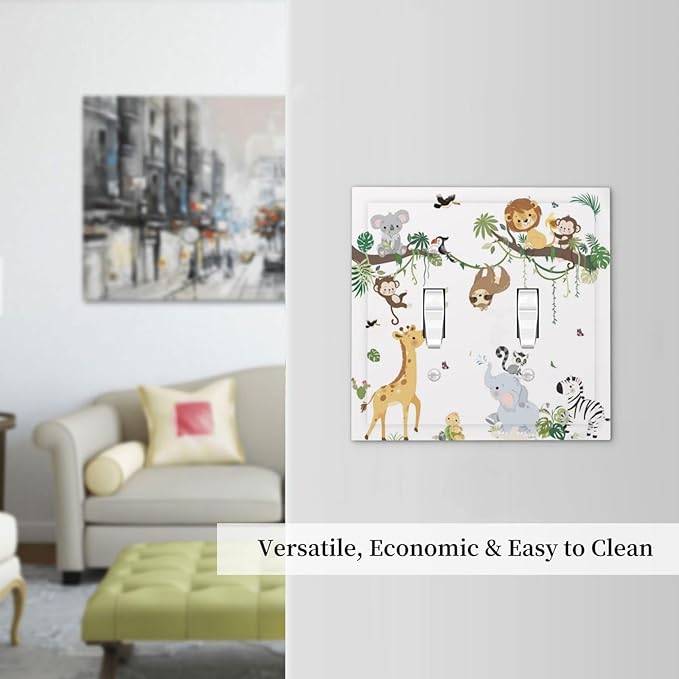 Jungle Animals Tree Branch Monkey Giraffe Lion Elephant Decorative Switch Plates 2 Gang Double Toggle Outlet Light Switch Cover Wall Plate Electrical Faceplate for Kids Room Nursery Decor