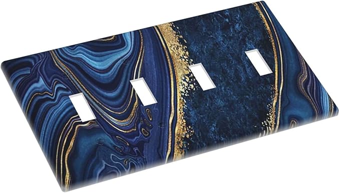 Navy Blue Marble 4 Gang Light Switch Cover Decorative Quad Toggle Wall Plate For Teen Kids Boys Bathroom Home Bedroom Art Panel Decorate 8" x 4.5