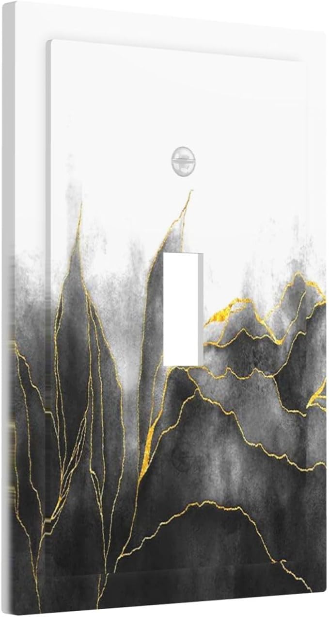 Decorative Light Switch Cover Black And Gold Marble White Golden Leaves 1 Gang Single Toggle Decorator Outlet Wall Plate Device Electrical Faceplate Switchplates for Bedroom living Room