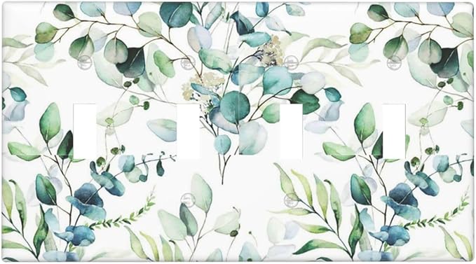 Green Olive Sage Eucalyptus Leaves Decorative 4 Gang Quad Toggle Light Switch Cover Electric Large Size Quadruple Faceplate Decorative Switch Face Wallplate