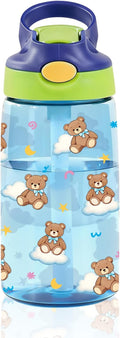 14oz Bear Kids Water Bottle with Straw - Bears Clouds Water Bottle For School, Leakproof, Lightweight, Durable Plastic Bottles for Kids Travel, Pop-Up Straw Cover, Gift Cup for Girls (Bear)
