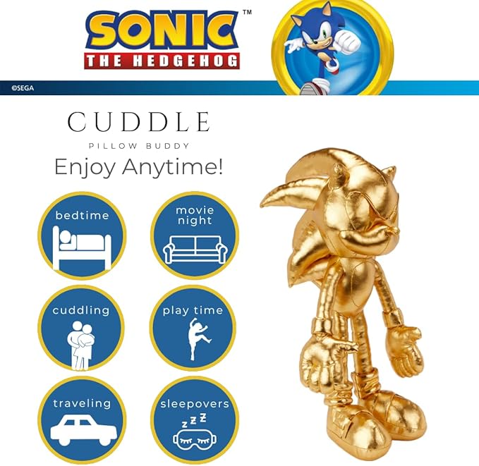 Sonic The Hedgehog Anime 24K Gold Kids Bedding Super Soft Plush Cuddle Pillow Buddy, One Size, (Officially Licensed Product)