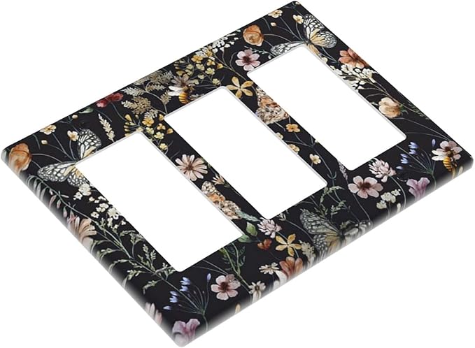 Vintage Flower Leaves Triple Rocker Wall Plates Butterfly Light Switch Plate Covers Decorative Dark Backgrounds GFCI Lightswitch Faceplate Cute Bees Dimmer Decor for Bedroom Kitchen Bathroom