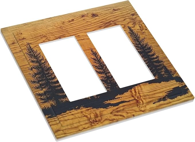 Decorative Outlet Covers Forest Pine Silhouette Rustic Wood Grain 2 Gang Double Gfci Rocker Electrical Wall Panels Light Switch Cover Plate For Farmhouse Cabin Decor