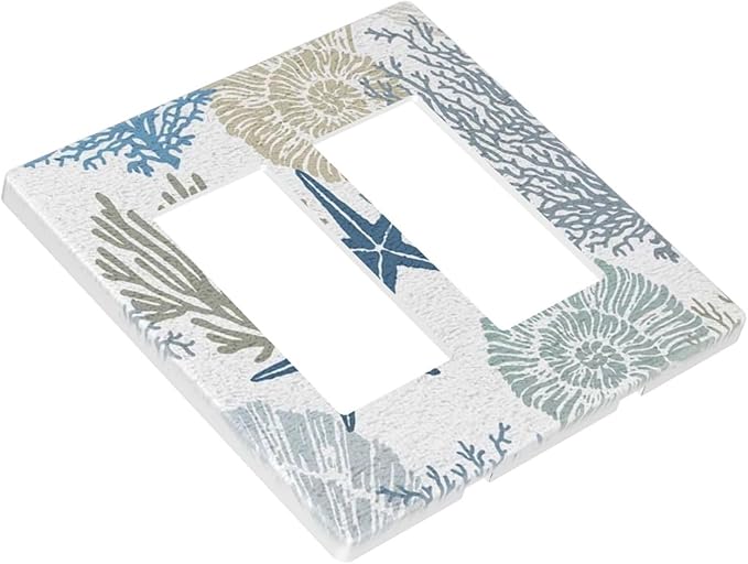 Nautical Teal Blue Beach Coastal Ocean Starfish Coral Seashell Conch 2 Gang Double Decorator/GFCI Wall Plate Rocker Outlet Light Switch Decorative Two Dual Device Receptacle Face Plate Cover Screwless
