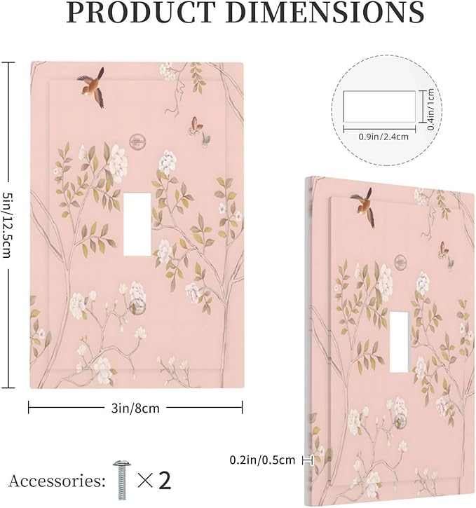 Pink Background Flowers Bird Butterflies Floral Decorative Light Switch Cover 1 Gang Single Toggle Device Electrical Faceplate Switchplates Decorator Outlet Wall Plate for Bedroom Living Room Decor