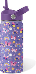 Butterfly Gifts - 16oz Purple Kids Water Bottle with Straw Lid, Stainless Steel Insulated Tumbler, Leakproof, BPA-Free, for Girls, School, Travel - Butterfly Rainbow Themed Birthday Gift Cup (1pc)
