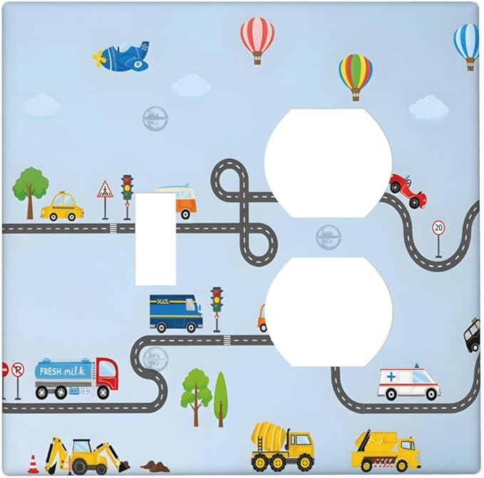 Road Construction Car Truck Hot Air Balloon Wallplates 1 Toggle 1 Duplex Switch Plate Electrical GFCI Faceplate Decorative Light Switch Covers for Nursery Kids Room Decor