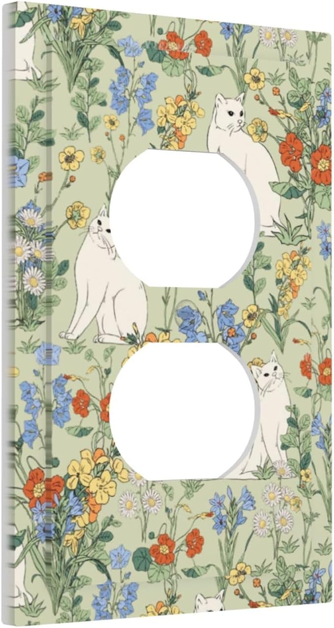 Outlet Covers Vintage Floral Cute Cat Colorful Flowers 1 Gang Duplex Light Switch Cover Decorative Switch Plates Electrical Receptacle Faceplate Wall Plate For Bed Room Living Room Decor