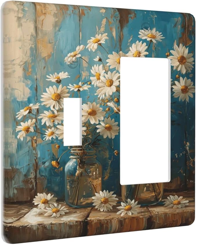 Delicate White Daisy Jars Retro Wood Background Outlet Covers 1 Toggle 1 Rocker Combination Decorative Wall Plate Electrical Switch Plates Light Switch Cover Plate for Farmhouse Home Decor