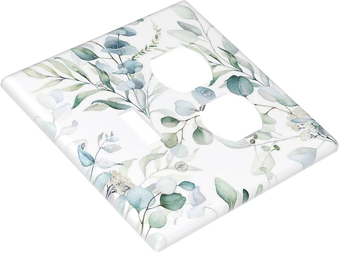 2-Gang 1-Toggle 1-Duplex Combination Wall Plate Watercolor Spring Eucalyptus Green Saga Leaves Nature Botanical Floral Two Combo Double Device Toggle/Outlet Receptacle Light Switch Faceplate Cover