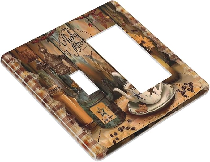 Decorative Outlet Covers Vintage Coffee Pot Star Farmhouse Wood Plank 2 Gang 1 Gang Wall Plate Single Toggle Rocker Device Combination Light Switch Cover Plate Jumbo Switch Plate Cover