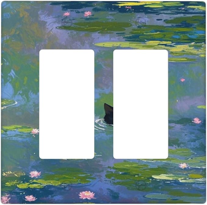 Decorative Outlet Covers Cute Black Cat Water Lily Pond Watercolor 2 Gang Double Rocker Light Switch Cover Decorative Switch plates Electrical Wallplates GFCI Receptacle for Kids Room Nursery