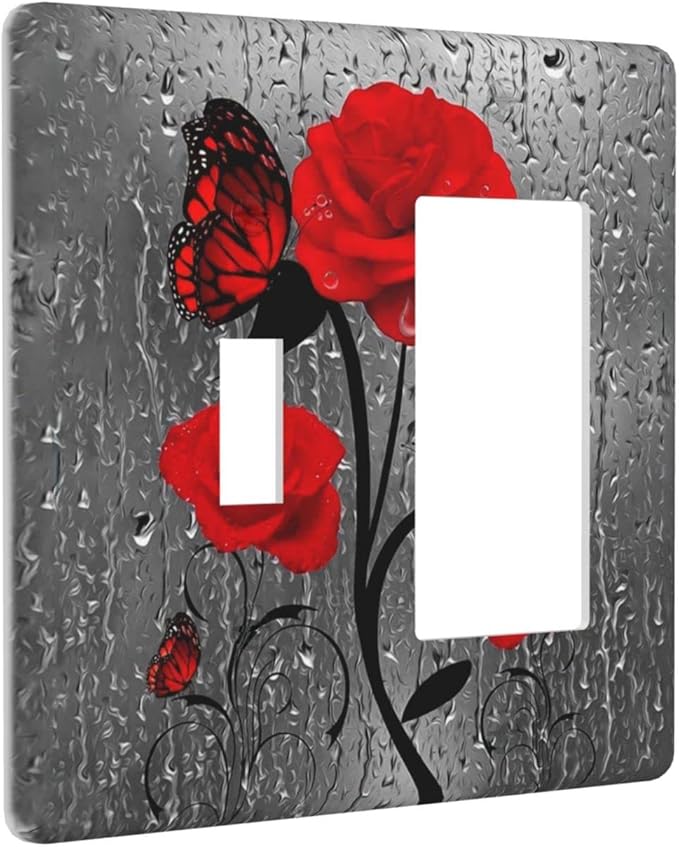 Butterfly Red Rose Flower 2 Gang Single Toggle/Rocker Combination Light Switch Cover Decorative Wall Plate Faceplate Girls Bathroom Bedroom Decorate 4.5" x 4.5