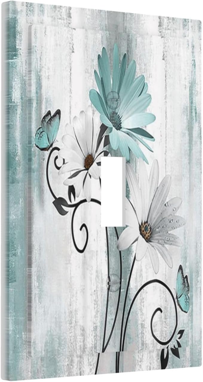 Teal Daisy Vintage Flower Butterfly Rustic Wood Print Decorative Light Switch Cover 1 Gang Single Toggle Device Electrical Faceplate Switchplates Decorator Outlet Wall Plate for Farmhouse Home Decor