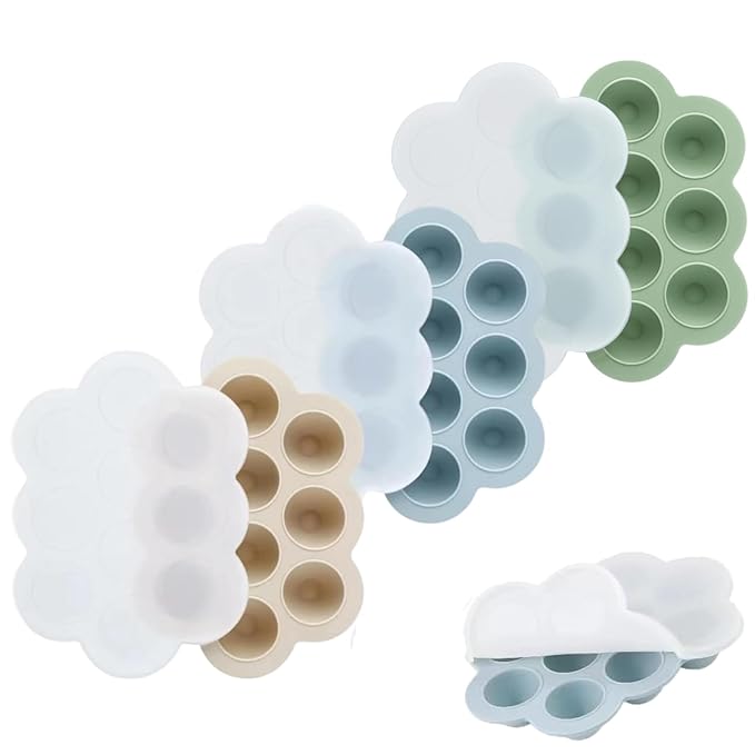 PandaEar 3-Pack Silicone Baby Food Freezer Trays with Lids - 10 Small Portions per Tray (Approx. 1oz/1.5-2 tbsp) - Flexible Storage Container for Breast Milk & Purees, Blue/Green/Beige