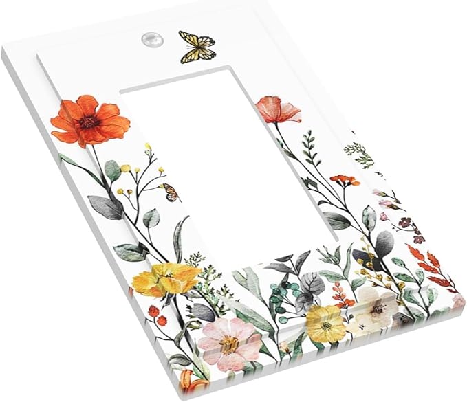 Colorful Butterfly Wild Flower 1-Gang Decorator Rocker Outlet Light Switch Cover Colored Vintage Floral Pretty Spring Garden Decorative Single Device GFCI Receptacle Switch Wall Plate Dimmer Mid Size
