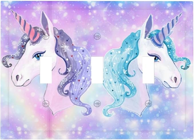 Cute Colorful Purple/Blue Rainbow Unicorn 3 Gang Toggle Light Switch Cover, Cute Kid Girls Girly Fantasy Decorative Three Device Triple Toggle Switch Face Wall Plate Electrical Decorator Outlet Cover