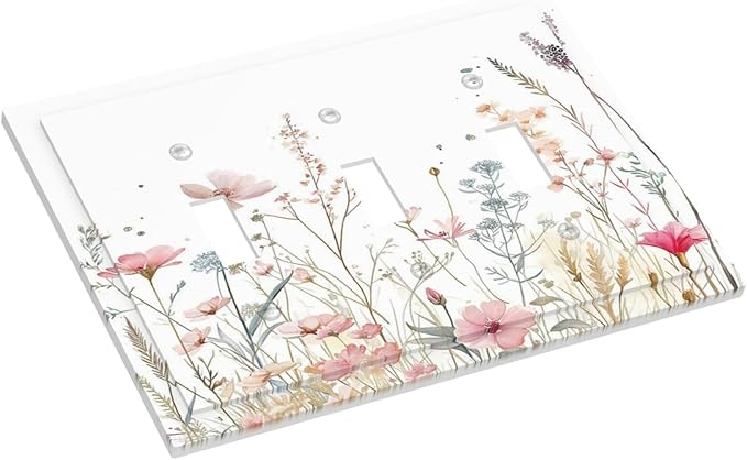 Watercolor Wildflower Pink Flower Plant Floral Decorative Switch Plates 3 Gang Wall Plate Triple Toggle Light Switch Cover Faceplate Electrical Wall Panels for Bedroom Living Room Decor