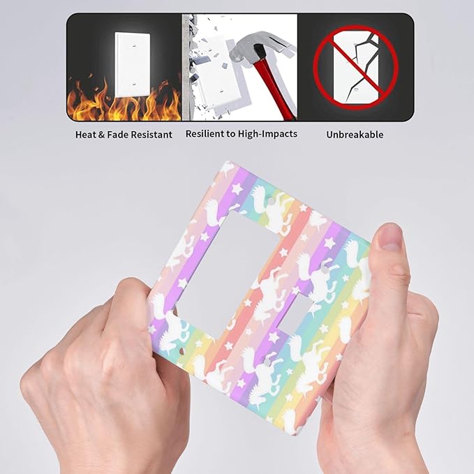 Purple Pink Girly Kid Girl Cute Colorful Rainbow Unicorn Decorative Single Toggle/Rocker Combo Light Switch Cover 2-Gang Electrical Wall Plate Double Combination Switch Decorator GFCI Receptacle Cover