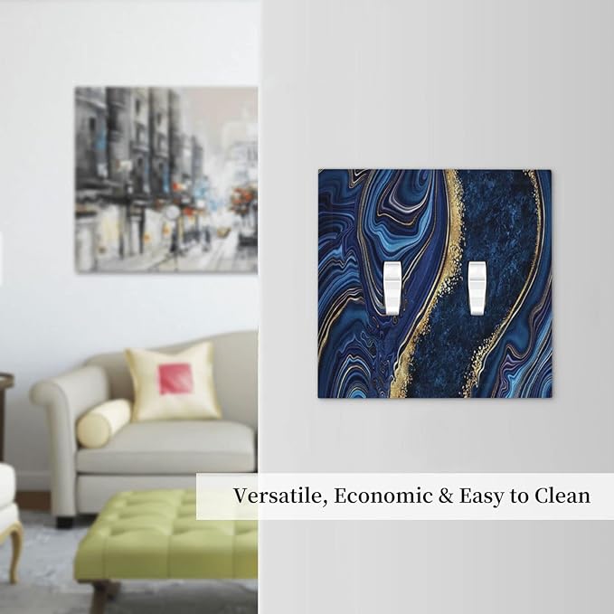 Luxury Marble Navy Blue 2 Gang Double Toggle Light Switch Cover Decorative Wall Plate Faceplate For Boys Men Modern Art Agate Stone Watercolor Gold Line Bathroom Home Living Room Decor 5" x 4.9